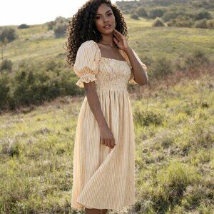 Rahi Orange White Smocked Puff Sleeve Midi Dress Medium